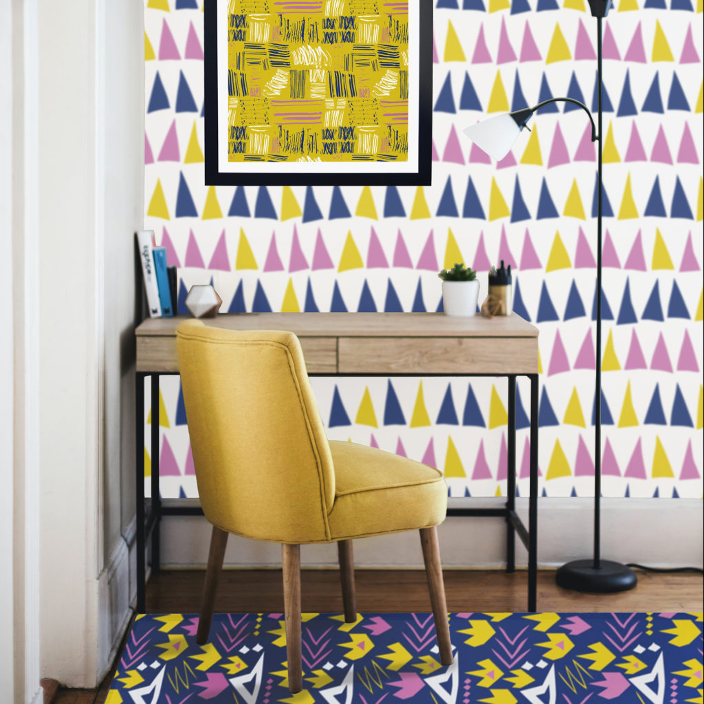 Colorful patterned home office decor.